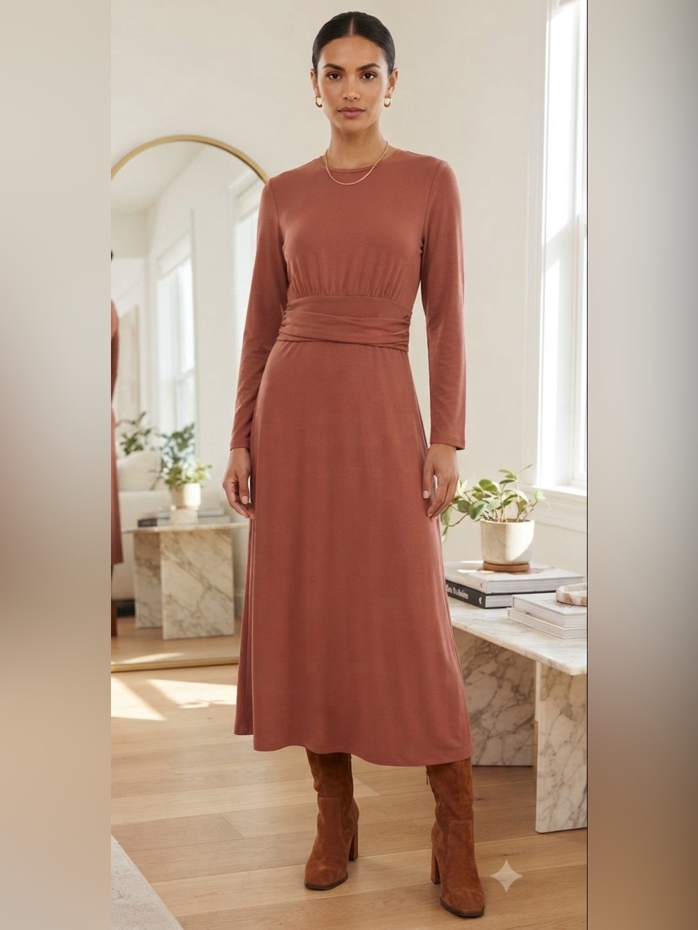 Veiled collection Long Sleeve Midi Dress in Rust with Waist Gather. Brand new!